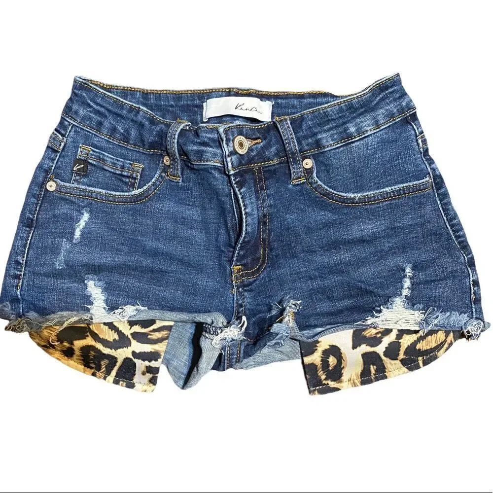 Kancan Leopard Pocket Frayed Distressed Denim Shorts Size Small